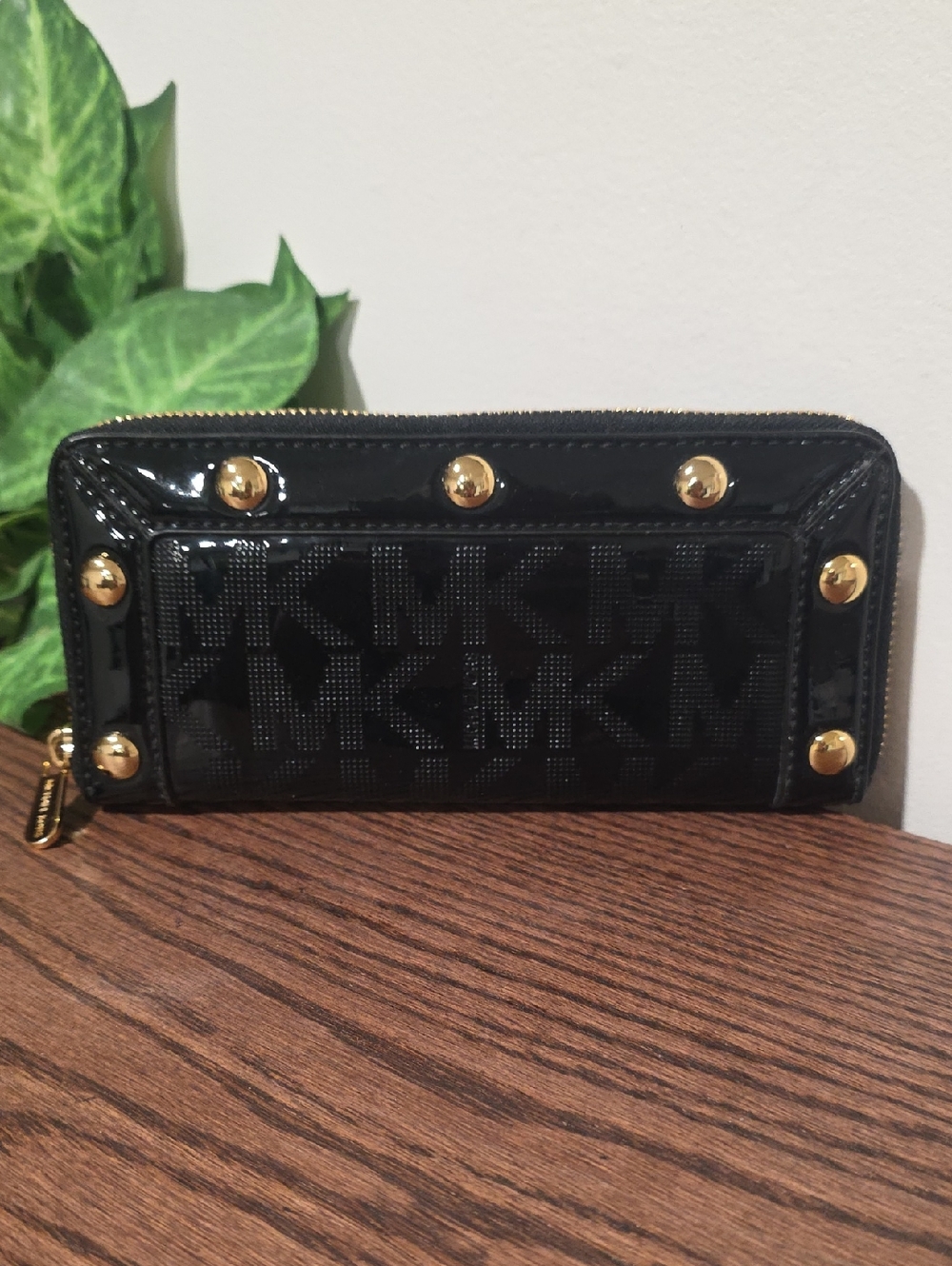 Michael Kors Patent Leather Embossed Black Logo Wallet Gold Hardware